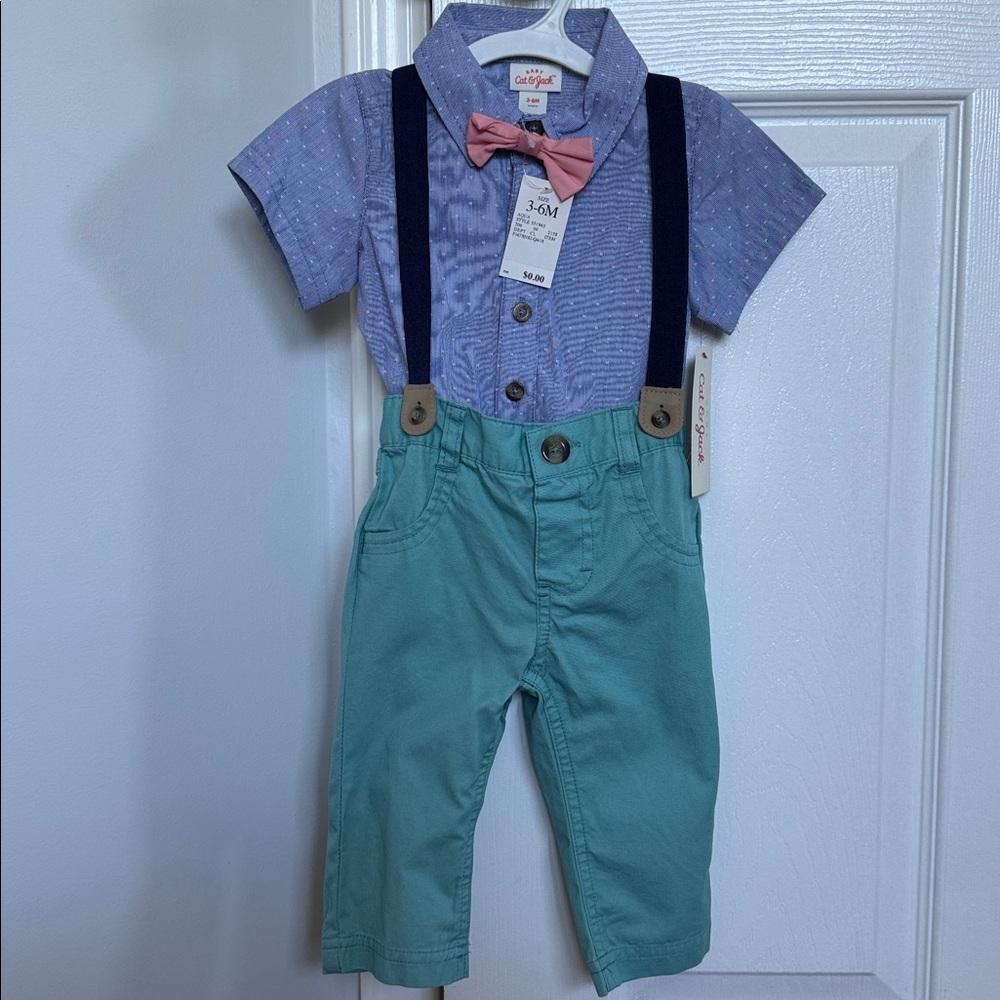 Baby Cat & Jack 3piece Bow Tie Suspenders Short Sleeve Bodysuit & Pants NWT 3-6M